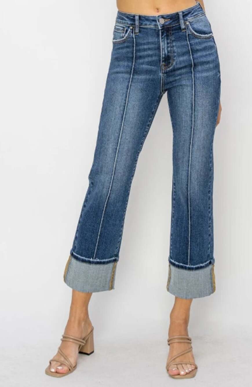 Risen High Rise Cuffed/Uncuffed Jeans, Med Wash, Size 7/28